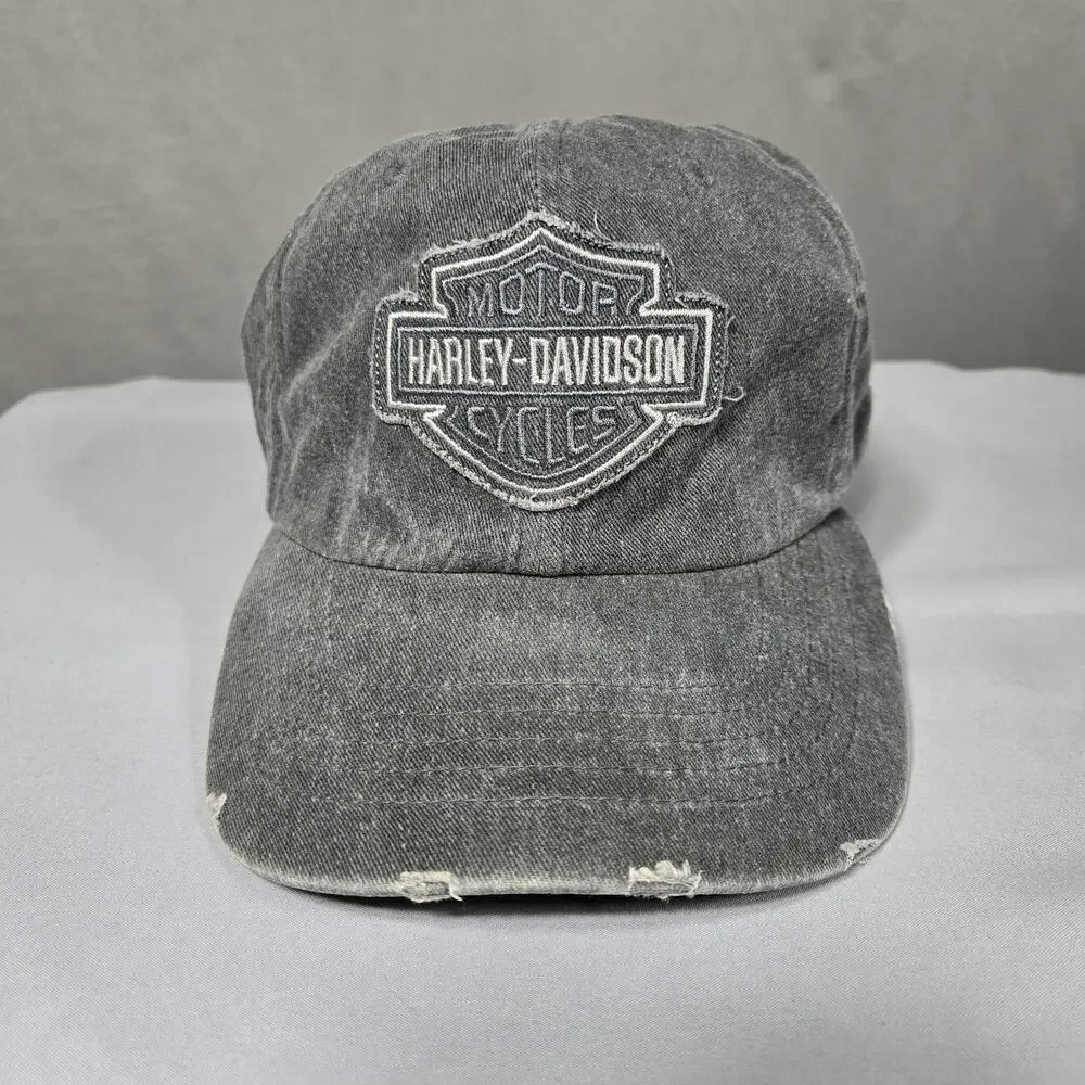 Harley Davidson Hat Gray Strapback Cap Motorcycle Embroidered Distressed Biker - Picture 1 of 8